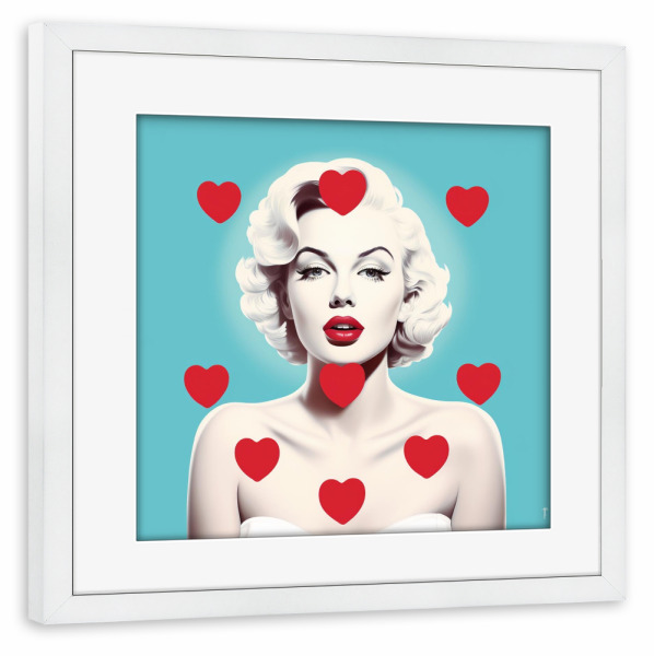 Poster mit Rahmen weiß "GEFALLENE HERZEN" artboxONE - Menschen,Fashion,Für Mama - Popart,Herz,Liebe,Valentinstag,Frau,Herzen,Rot,Weiß,Blau