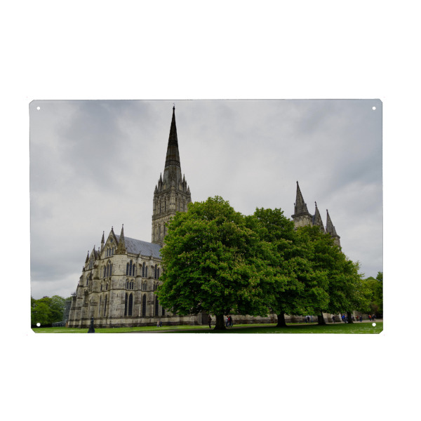 Metall Poster "Kathedrale von Salisbury, England" artboxONE - Architektur - Kirche,Architektur,Religion,Bauwerk,Kirchturm,Grossbritannien,Wolken