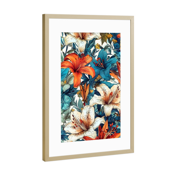 Poster mit Rahmen Gold "Blumen und Blätter U" artboxONE - Natur,Floral - Natur,Blumen,Botanische,Blätter,Blatt,Garten