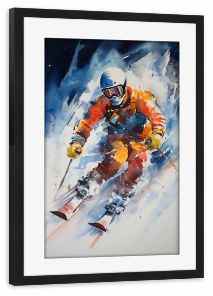 Poster mit Rahmen schwarz "Alpine Skiing 3 (matart)" artboxONE - Sport - Alpinski,Skifahren,Skifahrer,Ski,Sport,Schnee,Bunt,Aquarell