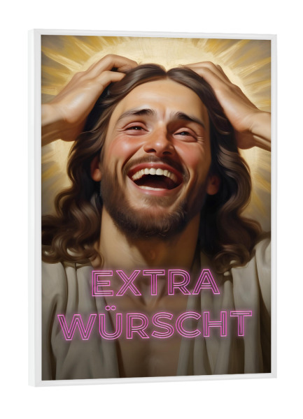 Poster mit weißem Rahmen "Bayern Jesus über Sonderwünsche" artboxONE - Typografie,Menschen