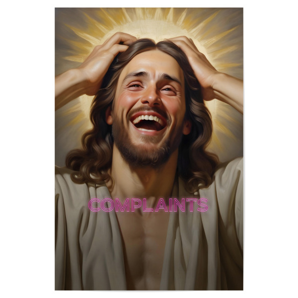 Poster "Lachender Jesus über Beschwerden" artboxONE - Typografie,Menschen