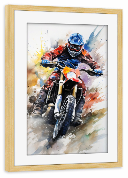 Poster mit Rahmen kiefer "Motocross Watercolor 5 (matart)" artboxONE - Sport - Motocross,Motor,Motoren,Motocross-rennen,Sport,Bunt,Aquarell
