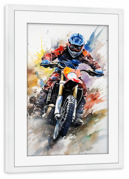 Poster mit Rahmen weiß "Motocross Watercolor 5 (matart)" artboxONE - Sport - Motocross,Motor,Motoren,Motocross-rennen,Sport,Bunt,Aquarell