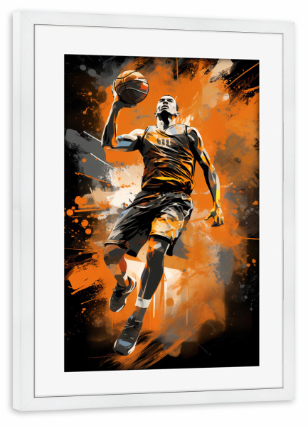Poster mit Rahmen weiß "Basketball Orange 3 (matart)" artboxONE - Sport - Basketball,Korb,Ball,Basketballspieler,Nba,Spieler,Team,Sport,Orange,Modern