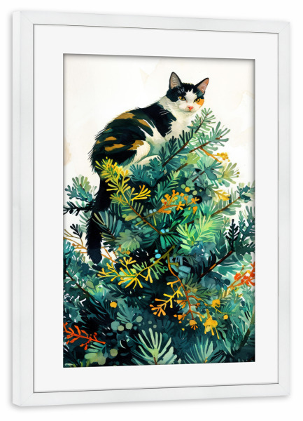 Poster mit Rahmen weiß "Katzenleben B" artboxONE - Tiere,Weihnachten - Katze,Katzen,Kätzchen,Tiere,Haustier,Illustration,Grafik,Kunst