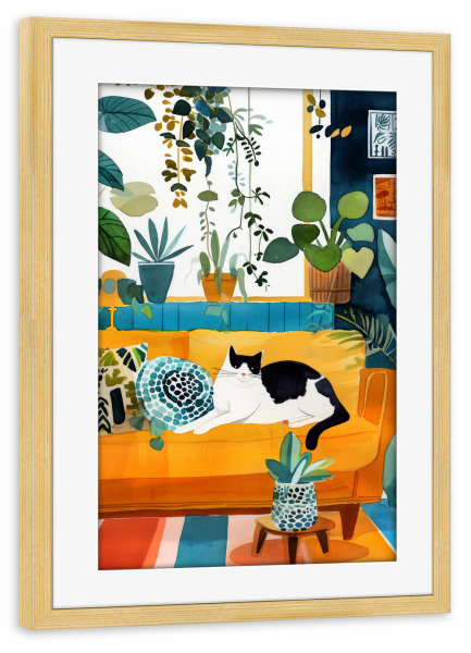 Poster mit Rahmen kiefer "Katzenleben G" artboxONE - Floral,Tiere - Katze,Katzen,Kätzchen,Tiere,Haustier,Illustration,Grafik,Kunst