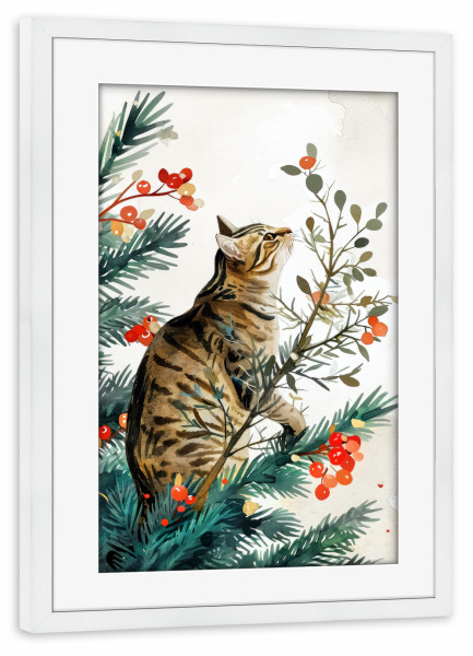 Poster mit Rahmen weiß "Katzenleben A" artboxONE - Tiere,Weihnachten - Katze,Katzen,Kätzchen,Tiere,Haustier,Illustration,Grafik,Kunst