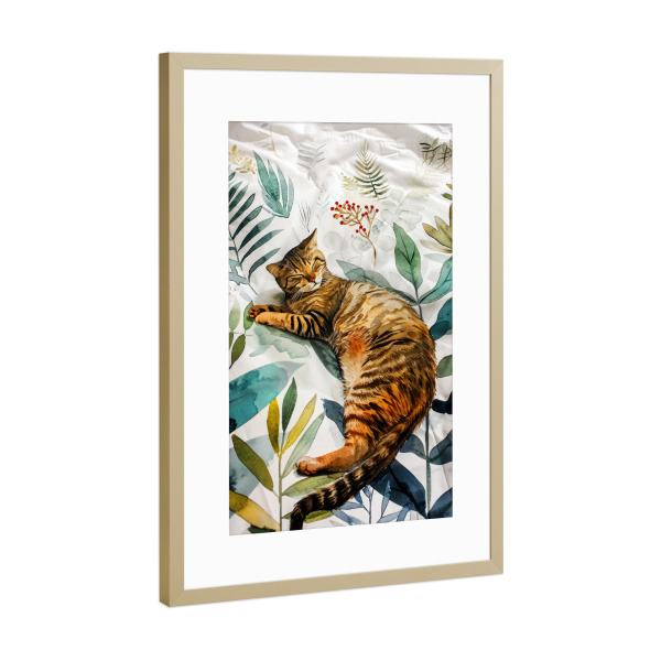 Poster mit Rahmen Gold "Katzenleben L" artboxONE - Floral,Tiere - Katze,Katzen,Kätzchen,Tiere,Haustier,Illustration,Grafik,Kunst