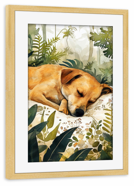 Poster mit Rahmen kiefer "Hundeleben H" artboxONE - Floral,Tiere - Hund,Hunde,Tiere,Haustier,Illustration,Grafik,Kunst