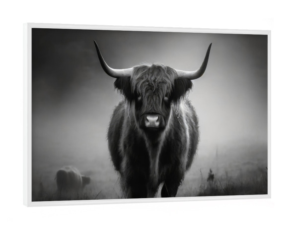 Poster mit weißem Rahmen "Scottish highlander auf der Weide" artboxONE - Tiere,Schwarzweiß