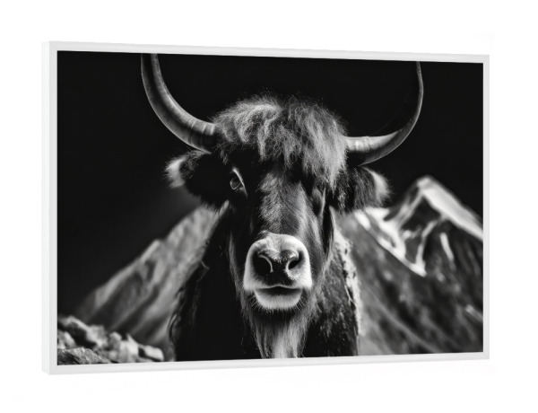 Poster mit weißem Rahmen "Yak im Gebirge" artboxONE - Tiere,Schwarzweiß