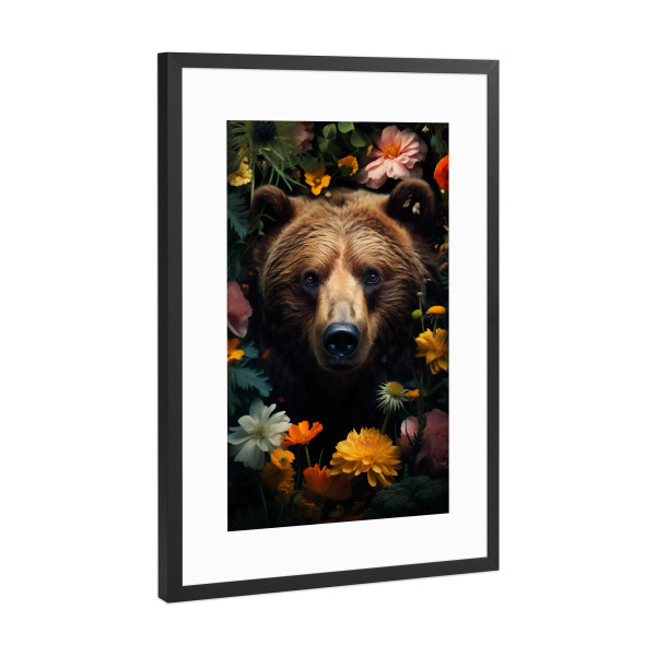Poster mit Rahmen Schwarz (Metallic) "Bear Flowers (matart)" artboxONE - Floral,Tiere - Bär,Bären,Grizzly,Tier,Tiere,Natur,Wild,Blumen