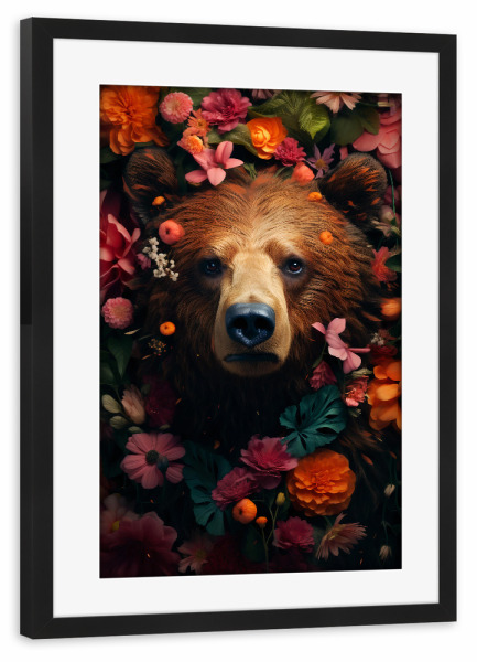Poster mit Rahmen schwarz "Bear Flowers 2 (matart)" artboxONE - Floral,Tiere - Bär,Bären,Grizzly,Tier,Tiere,Natur,Wild,Blumen