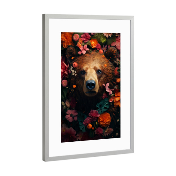 Poster mit Rahmen Silber "Bear Flowers 2 (matart)" artboxONE - Floral,Tiere - Bär,Bären,Grizzly,Tier,Tiere,Natur,Wild,Blumen