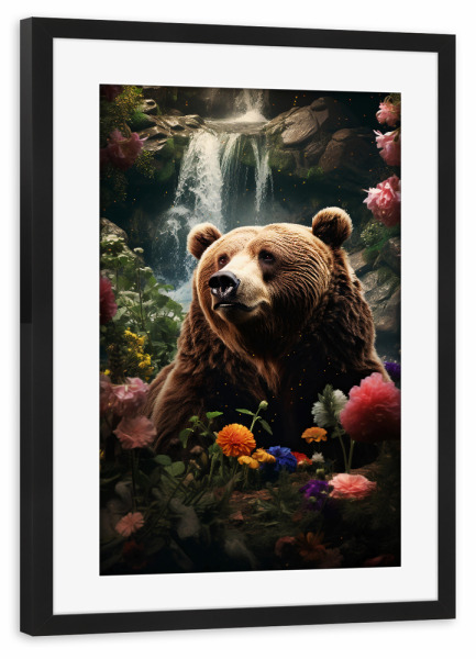 Poster mit Rahmen schwarz "Bear Flowers Waterfall (matart)" artboxONE - Tiere - Bär,Bären,Grizzly,Tier,Tiere,Natur,Wild,Blumen,Wald,Wasserfall