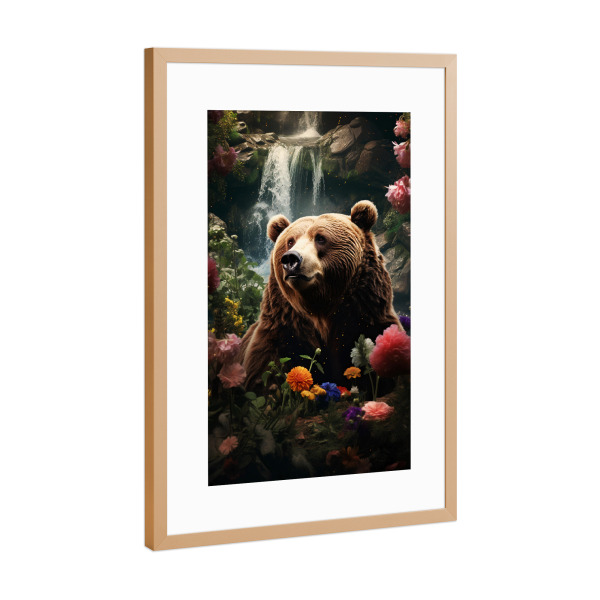 Poster mit Rahmen Kupfer "Bear Flowers Waterfall (matart)" artboxONE - Tiere - Bär,Bären,Grizzly,Tier,Tiere,Natur,Wild,Blumen,Wald,Wasserfall