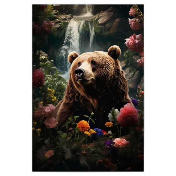 Poster "Bear Flowers Waterfall (matart)" artboxONE - Tiere - Bär,Bären,Grizzly,Tier,Tiere,Natur,Wild,Blumen,Wald,Wasserfall