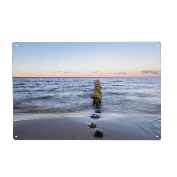Holzbild "Wellen und Buhnen" artboxONE - Natur - Wasser,Meer,Buhnen,Himmel,Farben,Sonnenuntergang