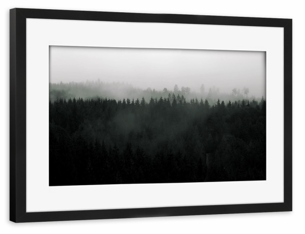 Poster mit Rahmen schwarz "Berglandschaft Nebel Wald" artboxONE - Natur,Reise,Abstrakt,Schwarzweiß