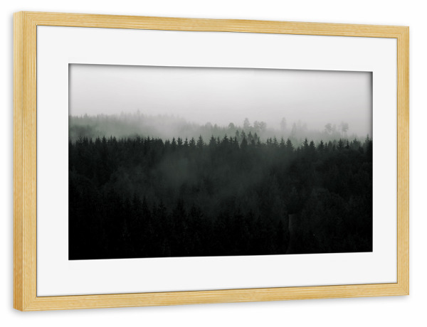 Poster mit Rahmen kiefer "Berglandschaft Nebel Wald" artboxONE - Natur,Reise,Abstrakt,Schwarzweiß