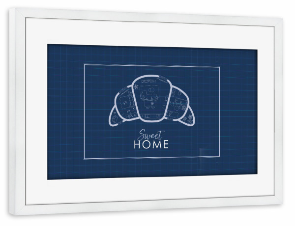 Poster mit Rahmen weiß "Croissant Bauplan blau" artboxONE - Essen & Trinken,Architektur