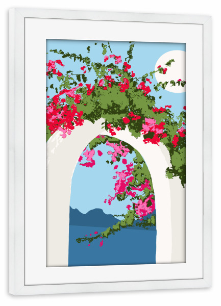 Poster mit Rahmen weiß "Bougainvillea-Bogen" artboxONE - Architektur