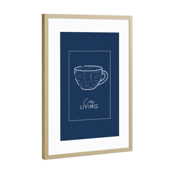 Poster mit Rahmen Gold "Bauplan Teetasse blau" artboxONE - Essen & Trinken,Architektur