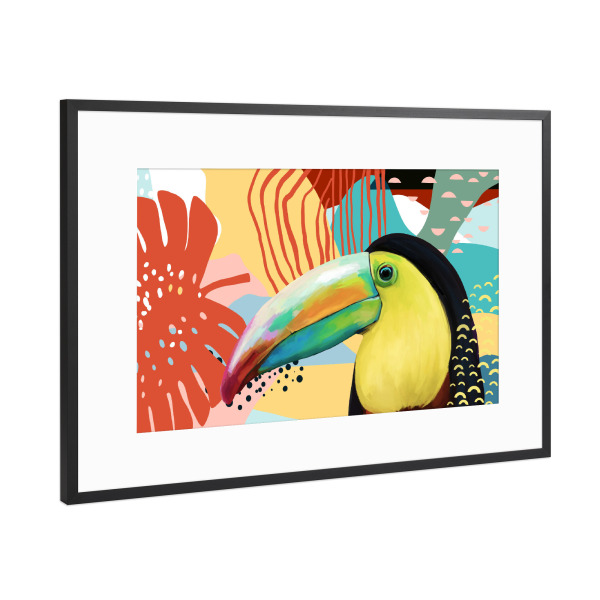 Poster mit Rahmen Schwarz (Metallic) "Tukan – Spritzer Freude" artboxONE - Für Kinder,Tiere