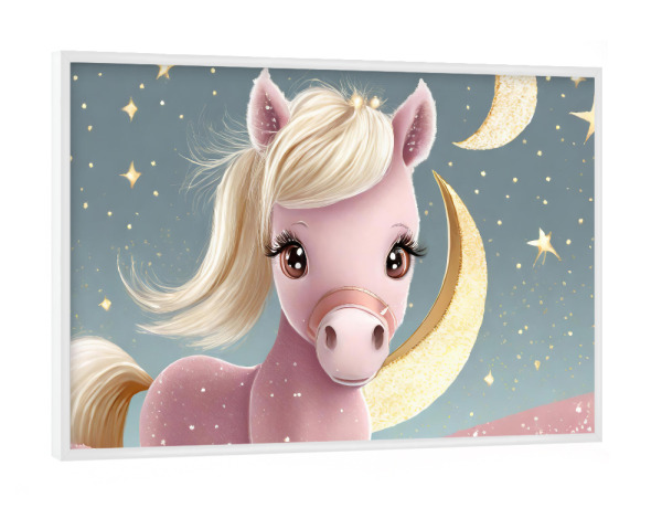 Poster mit weißem Rahmen "Kleines Pony in pink" artboxONE - Für Kinder - Mond,Langhaar,Stern,Blond,Gold,Pferde,Kinderzimmer,Niedlich,Klein,Pony,Rosa