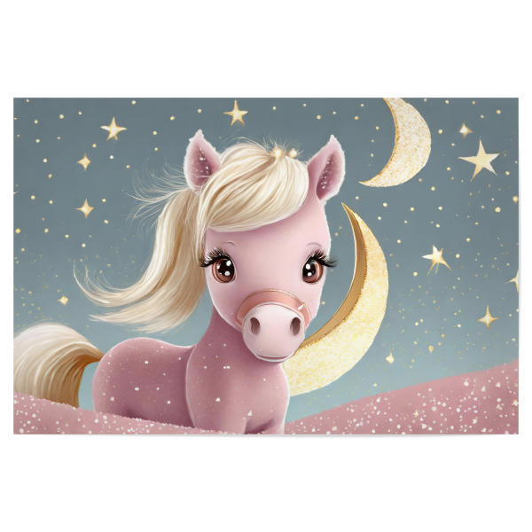 Poster 30x20 cm "Kleines Pony in pink" artboxONE - Für Kinder - Mond,Langhaar,Stern,Blond,Gold,Pferde,Kinderzimmer,Niedlich,Klein,Pony,Rosa