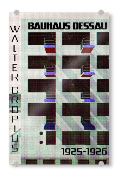 Acrylglasbild "Balkone des Bauhausgebäudes" artboxONE - Architektur - Bauhaus,Architektur,Dessau,Zeitschrift,Alt,Vintage,Bauhausstil,Moiré,Punkte