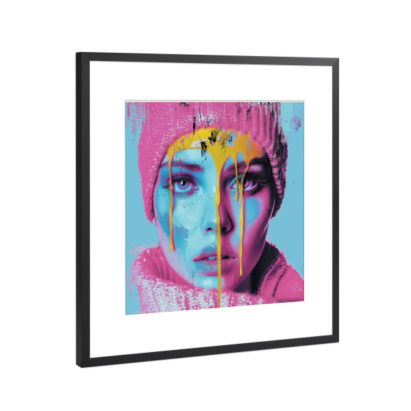 Poster mit Rahmen Schwarz (Metallic) "SCHMELZENDES GESICHT POPART" artboxONE - Menschen,Fashion,Für Mama - Eis,Schmelzen,Gesicht,Porträt,Blau