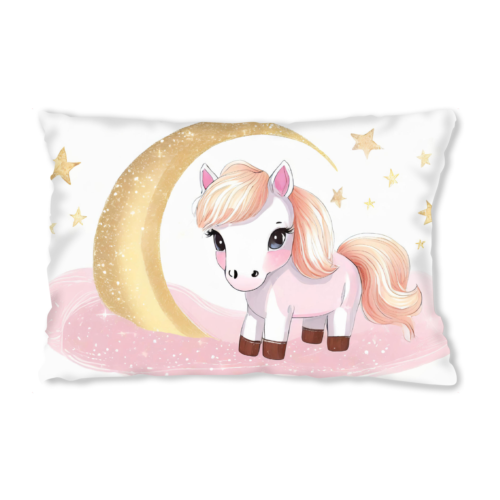 Design-Kissen "Verträumtes Pony in rosa" artboxONE - Für Kinder - Mond,Langhaar,Stern,Blond,Gold,Pferde,Kinderzimmer,Niedlich,Klein,Pony,Rosa