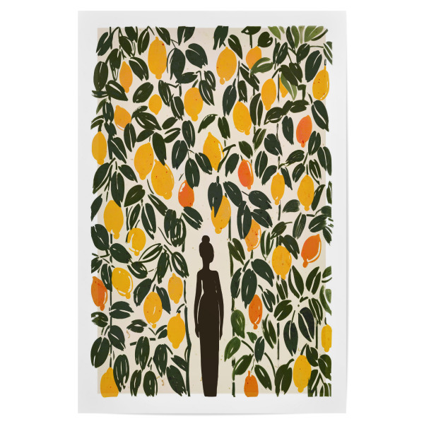 Poster "Im Zitronen Garten" artboxONE - Floral,Menschen,Für Mama - Zitrone,Orange,Frucht,Früchte,Sommer,Obst,Garten,Frau,Natur,Illustration,Treechild