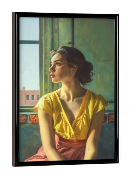 Poster mit schwarzem Rahmen "Frau im Warteraum" artboxONE - Menschen,Architektur,Geometrie
