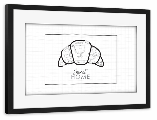 Poster mit Rahmen schwarz "Croissant Bauplan" artboxONE - Essen & Trinken,Schwarzweiß,Architektur