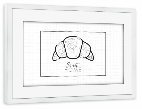 Poster mit Rahmen weiß "Croissant Bauplan" artboxONE - Essen & Trinken,Schwarzweiß,Architektur