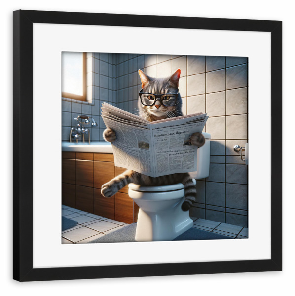 Poster mit Rahmen schwarz "Fat cat reading newspaper" artboxONE - Tiere,Lustig - Cat,Pooping,Bathroom,Humor,Animal,Kitten,Newspaper