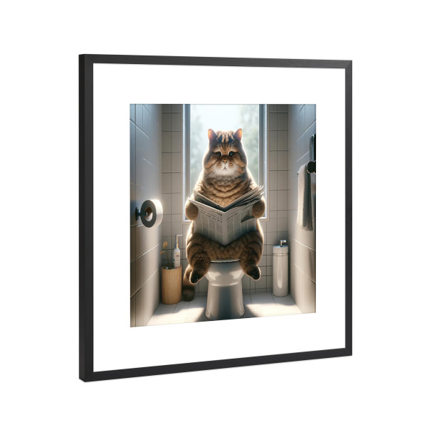 Poster mit Rahmen Schwarz (Metallic) "Cat reading newspaper" artboxONE - Tiere,Lustig - Cat,Pooping,Bathroom,Humor,Animal,Kitten,Newspaper