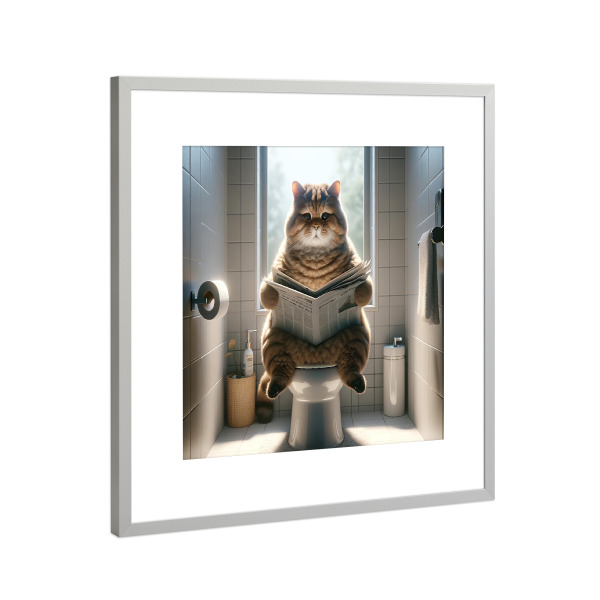 Poster mit Rahmen Silber "Cat reading newspaper" artboxONE - Tiere,Lustig - Cat,Pooping,Bathroom,Humor,Animal,Kitten,Newspaper