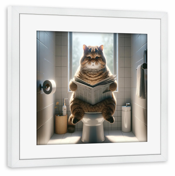 Poster mit Rahmen weiß "Cat reading newspaper" artboxONE - Tiere,Lustig - Cat,Pooping,Bathroom,Humor,Animal,Kitten,Newspaper