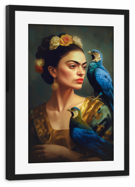Poster mit Rahmen schwarz "Kahlo mit Vögeln" artboxONE - Floral,Tiere,Menschen