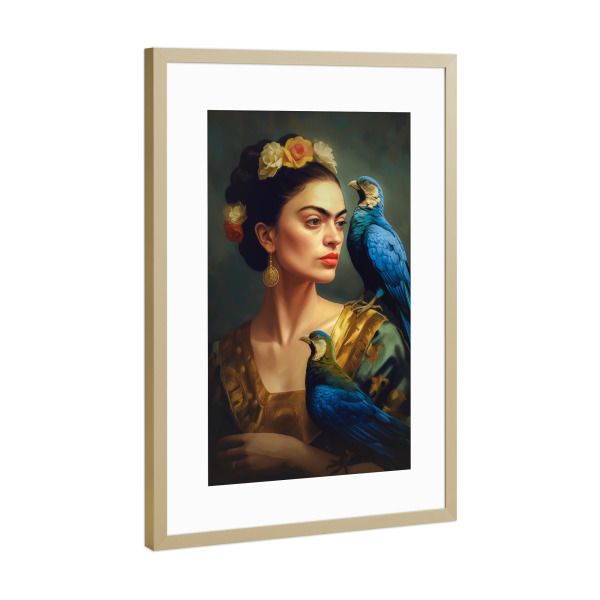 Poster mit Rahmen Gold "Kahlo mit Vögeln" artboxONE - Floral,Tiere,Menschen