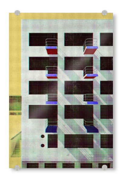Acrylglasbild "Bauhausgebäude mit gelbem Himmel" artboxONE - Architektur - Bauhaus,Architektur,Dessau,Zeitschrift,Alt,Vintage,Bauhausstil,Moiré,Punkte