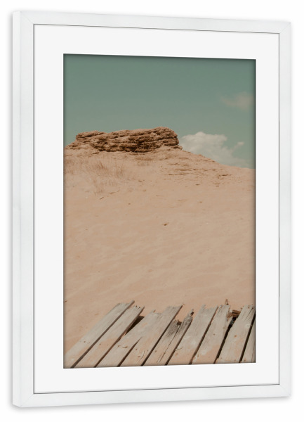 Poster mit Rahmen weiß "Wüstenstimmung" artboxONE - Natur - Wüste,Düne,Sommer,Strand,Ruine,Urlaub,Holz,Erkunden,Fernweh,Jahrgang
