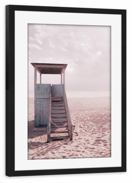Poster mit Rahmen schwarz "Vintage-Strand" artboxONE - Natur - Vintage,Retro,Rettungsschwimmerturm,Meer,Sand,Meer,Wellen,Sonnenuntergang,Strand
