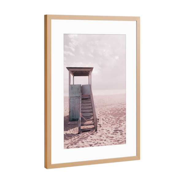 Poster mit Rahmen Kupfer "Vintage-Strand" artboxONE - Natur - Vintage,Retro,Rettungsschwimmerturm,Meer,Sand,Meer,Wellen,Sonnenuntergang,Strand