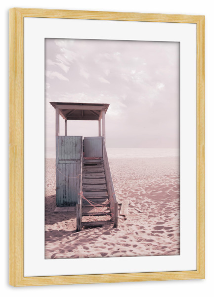 Poster mit Rahmen kiefer "Vintage-Strand" artboxONE - Natur - Vintage,Retro,Rettungsschwimmerturm,Meer,Sand,Meer,Wellen,Sonnenuntergang,Strand