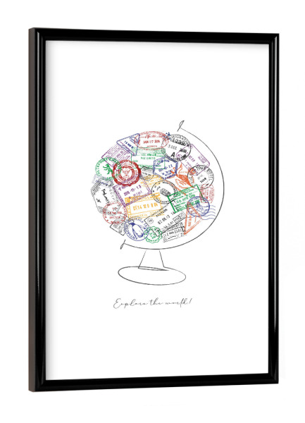 Poster mit schwarzem Rahmen "Globus mit Passstempel" artboxONE - Reise,Reise / Länder